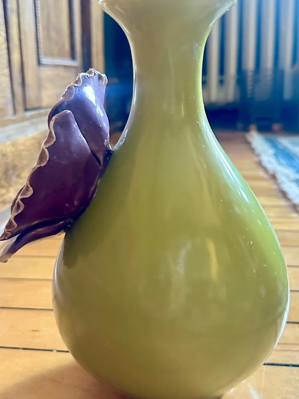 Rare Anthropologie Chartreuse Green Ceramic Vase with Rose of Sharon